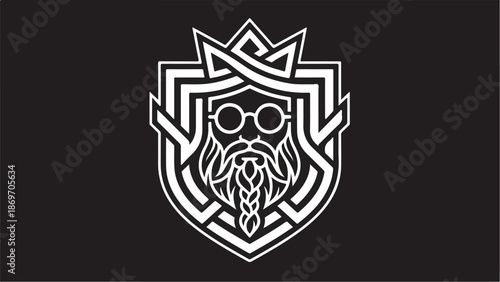 Intricate black and white emblem of a wise bearded king with glasses.