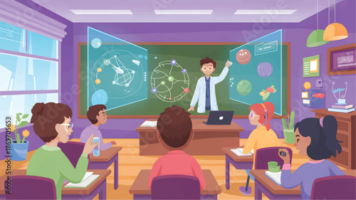 Science classroom with teacher and students school