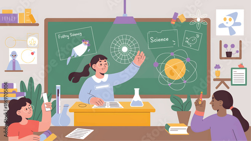 Female teacher explaining science concepts to students in a classroom education