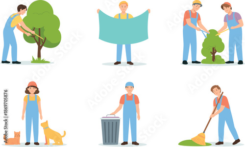 Community service illustration, people helping, environmental care, pet welfare, cleaning, teamwork, maintenance work, public service, urban support, civic duty