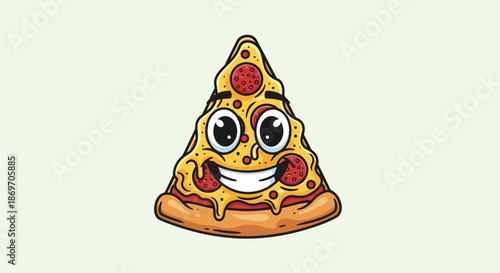 Cartoon pizza slice with a cheerful face and melted cheese on a white background illustration for food and restaurant designs with smile and graphic