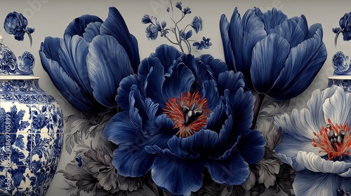 Elegant blue floral arrangement with vases a serene and artistic design.