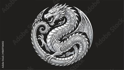 Intricate Dragon Artwork A Detailed Black and White Illustration.