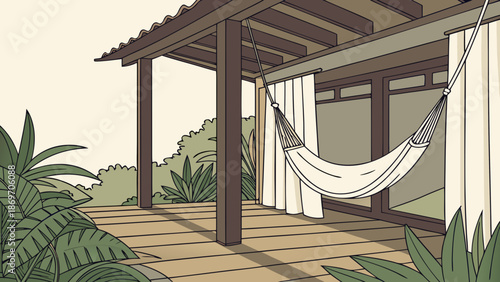 Tropical beach house with a palm tree view of the water, a stunning summer travel design