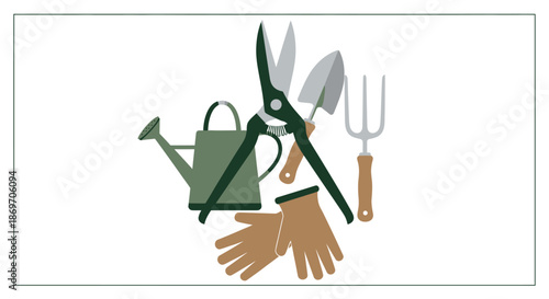 Gardening tools illustration featuring watering can pruning shears trowel fork and gloves on white background with gardening equipment and graphic design