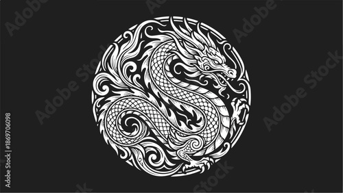 Intricate Dragon Design in a Circular Pattern on Black Background.