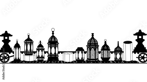 Artistic Showcase of Vintage Lanterns, Decorative Lighting Design, Urban Setting, Illustration