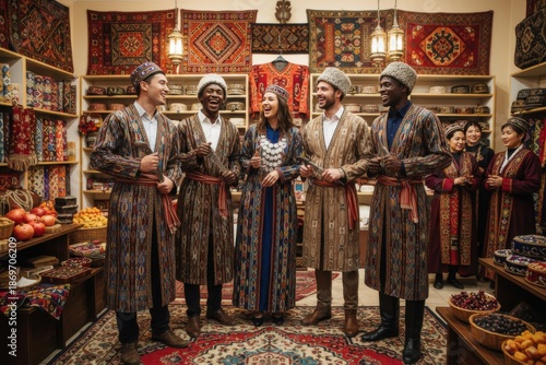 Diverse group in traditional central asian attire gathering in cultural shop.