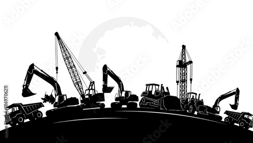 Heavy Machinery and Equipment on a Globe Silhouette Illustration