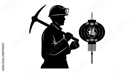 Miner with Lantern, Industrial Setting, Graphic Illustration, Black and White