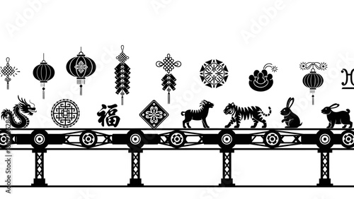 Chinese Zodiac Animals Parade, Celebration, Urban Festival, Digital Illustration, Traditional Environment