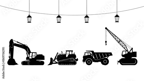 Construction Equipment Silhouettes, Urban Setting, Graphic Illustration, Night View
