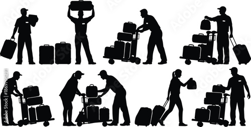 Luggage handling workers silhouette set, airport porter service, baggage transport concept, travel logistics illustration isolated white background