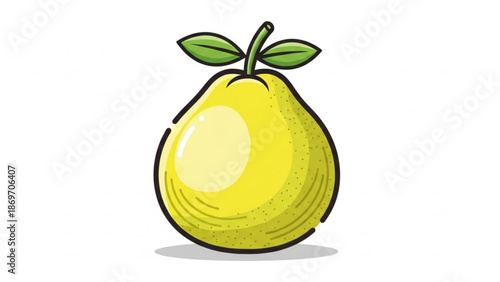 Yellow Pear with Green Leaves Isolated on White Background, Cartoon Vector Illustration