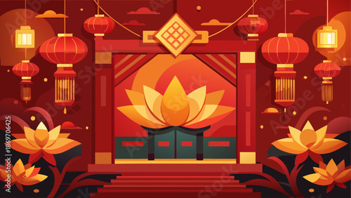 Vibrant chinese temple entrance with lanterns