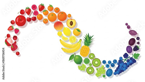 Rainbow Fruits Arranged in Wave Shape Isolated on White Vector Illustration