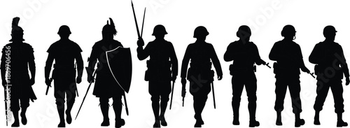 Warrior evolution silhouette lineup, ancient medieval modern soldiers, military history concept, armed forces progression illustration isolated white background