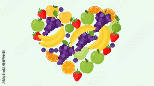 Colorful heart shaped fruit arrangement with bananas, apples, and berries