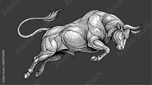 Artistic depiction of a powerful bull in midleap detailed illustration.