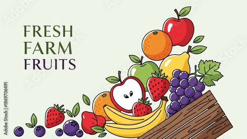 Fresh farm fruits spilling out of wooden crate