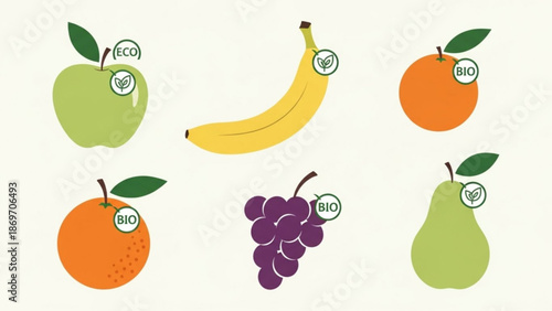 Fresh organic fruits with eco friendly labels on them