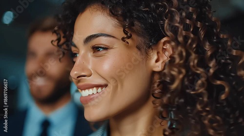 A smiling woman with curly hair, and in the background, a man, both are well-dressed 