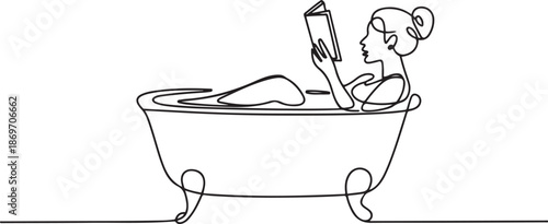 Continuous one line design of a woman is soaking in the bathtub while reading a book.one line  vector illustration  with out background