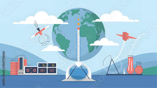 Earth surrounded by scientific equipment and airplanes, clouds, and laboratory equipment 