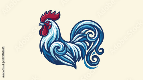 Artistic illustration of a blue rooster with intricate details and design.