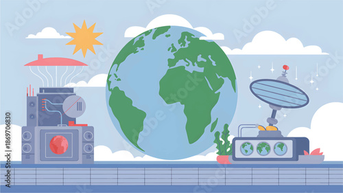 Earth surrounded by pollution and technology globe factory satellite des