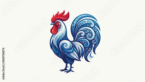 Artistic illustration of a vibrant blue and red rooster.