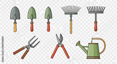 Set of colorful gardening tools illustration including shovels rakes trowels pruning shears fork and watering can on transparent background with graphic