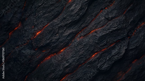 Glowing orange lava cracks in dark volcanic rock surface. Molten magma flowing through fissures in rugged black stone. Geological texture representing earths fiery core and natural heat processes for