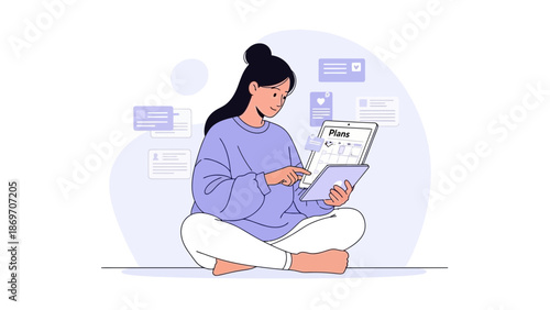 Young Woman Using Tablet for Planning and Organization, Online Learning, Remote Work