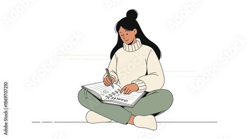 Young woman writing goals in notebook, planning and self-improvement concept