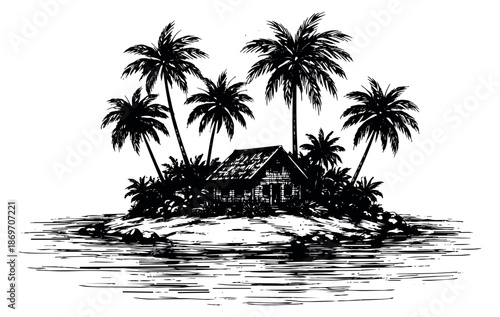 Hand drawn line art illustration of a tropical island with a hut and palm trees depicting an isolated paradise for summer travel and vacation themes