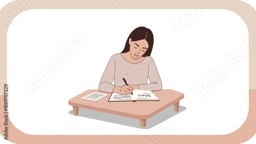 Young woman writing goals and plans in a notebook on a desk