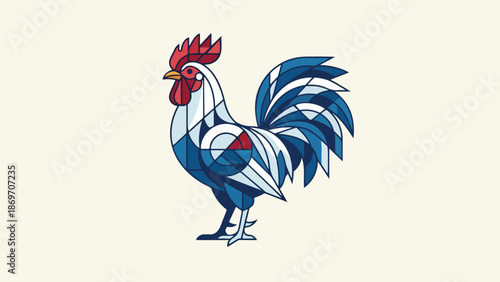 Artistic rooster illustration with blue and white colors on a light background.