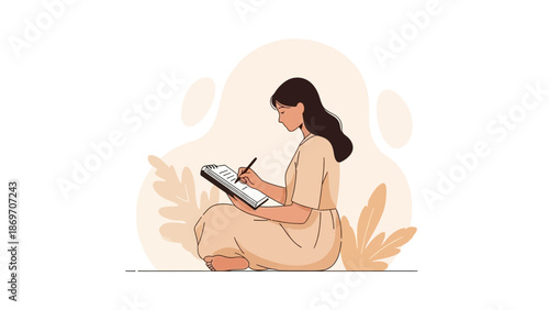 Young Woman Writing in Journal, Peaceful Self-Reflection and Creativity