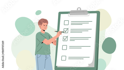 Young man checking off tasks on a clipboard, modern illustration, planning concept