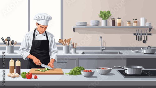 A professional chef in a white uniform meticulously chops vegetables on a cutting board in a well-equipped kitchen, showcasing culinary skill and preparation