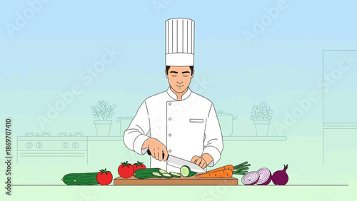 Professional chef in uniform preparing fresh vegetables on a cutting board in a modern kitchen