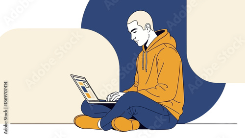 Young Man Working on Laptop Computer, Sitting Cross-legged, Casual Modern Style