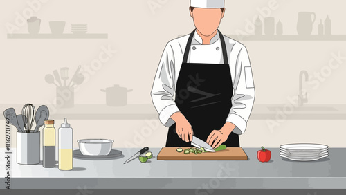Skilled chef meticulously chopping fresh green vegetables on a wooden board in a contemporary kitchen setting, showcasing culinary expertise and healthy food preparation techniques