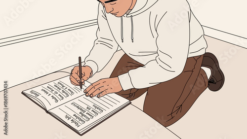 Young man writing in notebook, planning and organizing tasks on floor