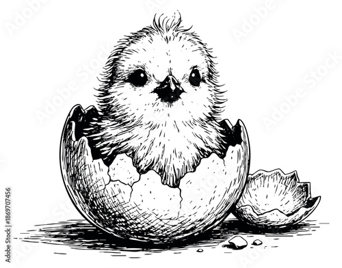 Hand drawn line art illustration of a baby chick emerging from an eggshell depicting new life for spring or Easter celebrations