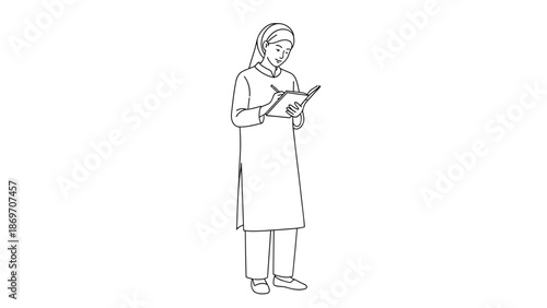 Young Muslim woman in hijab writing in a notebook, sketch style