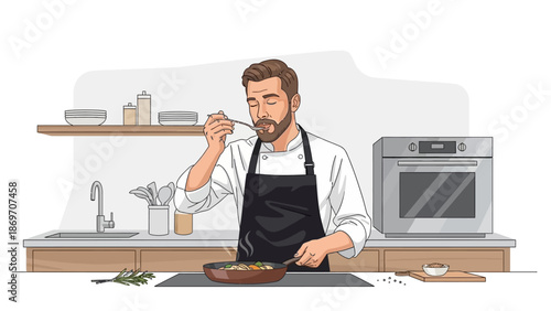 Professional chef tasting a delicious gourmet meal he just prepared in a modern kitchen, meticulously focusing on the quality and rich flavor of his culinary creation