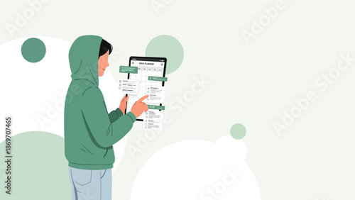 Young person in hoodie using tablet with infographic, digital data analysis concept