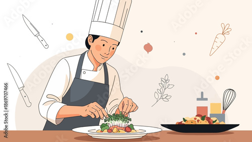 Culinary artist crafting a gourmet dish with fresh ingredients, showcasing professional cooking skills and a passion for gastronomy